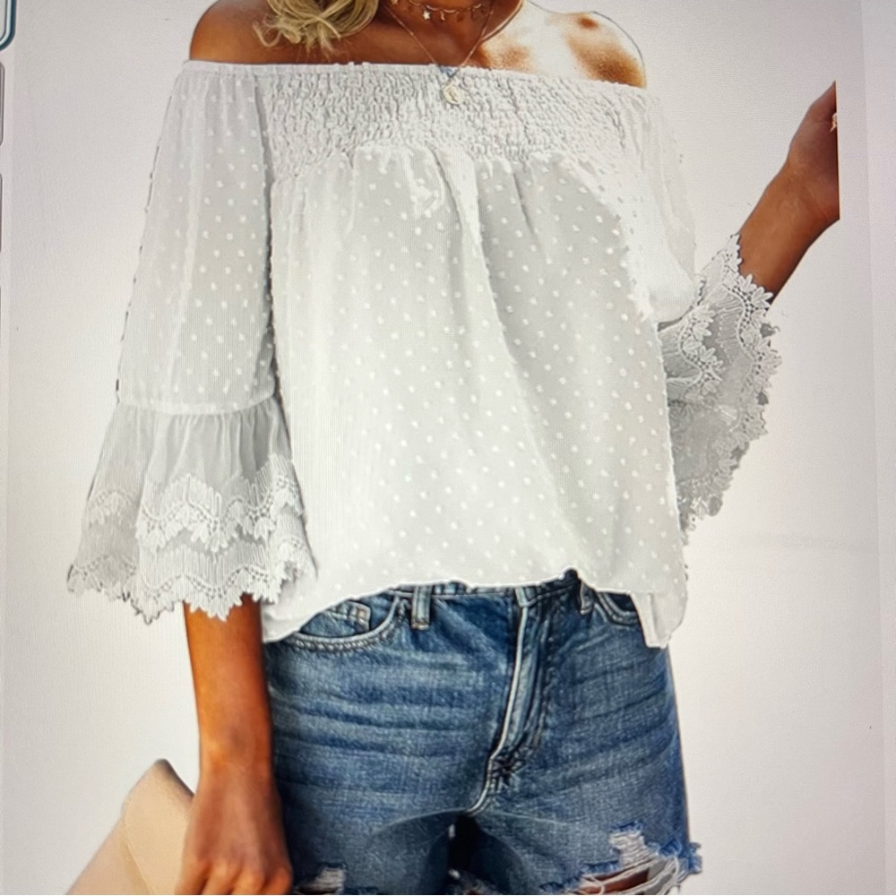 NEW Kirundo Chiffon Off Shoulder Swiss Dot 3/4 Sleeves Ruffle Trim Blouse Small